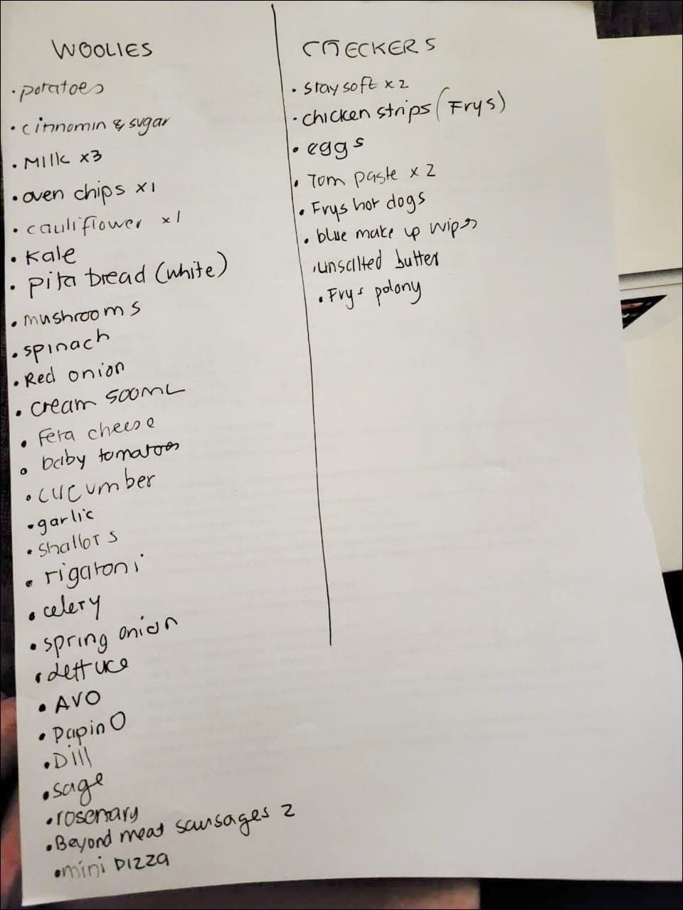 A handwritten grocery list photographed and sent over WhatsApp