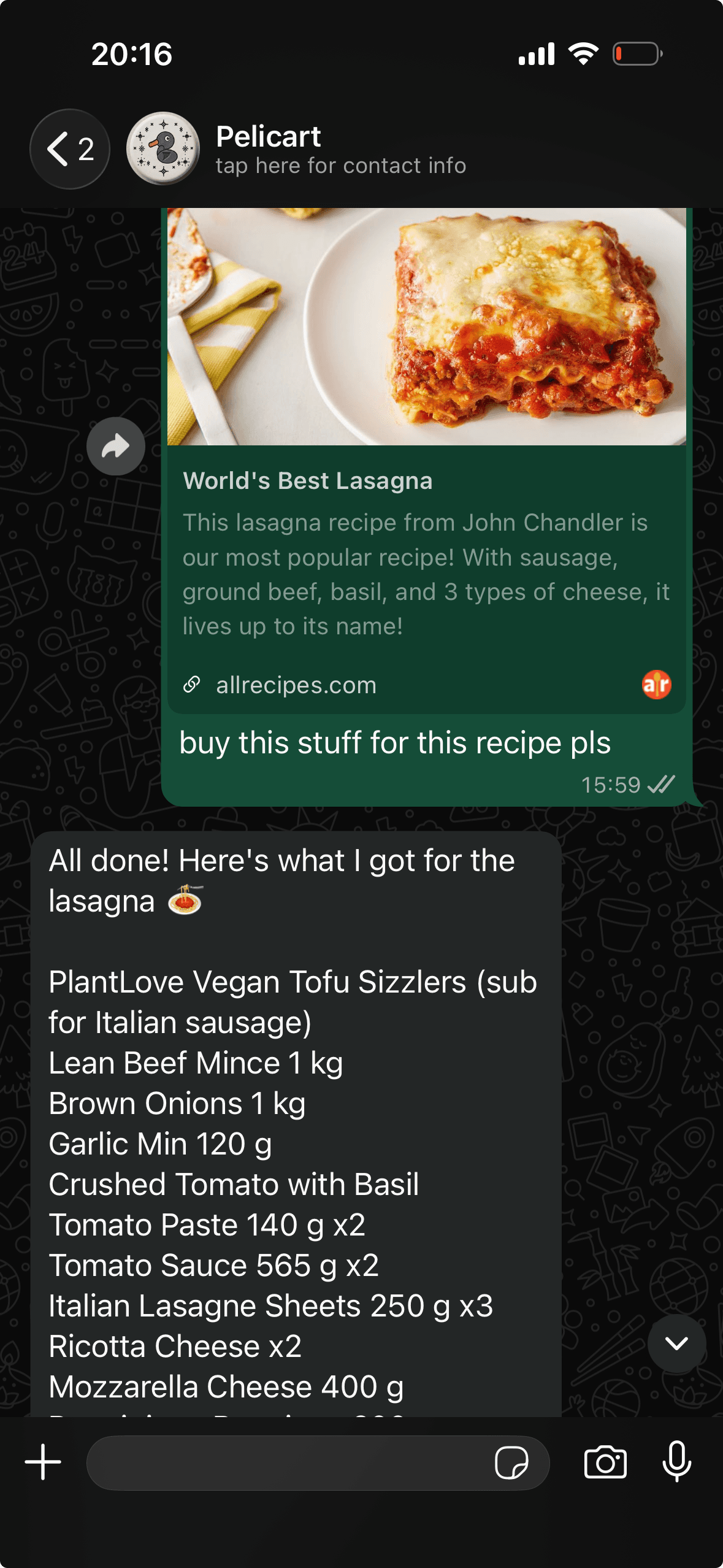 A whatsapp chat with a Woolies cart ready to checkout