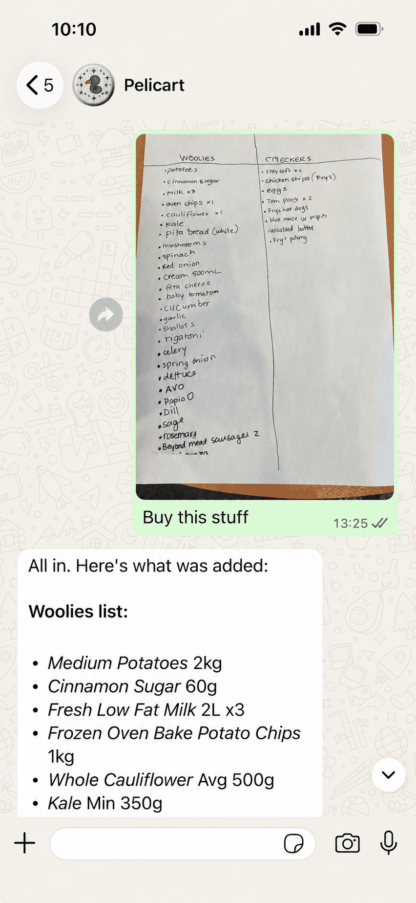 WhatsApp chat with Pelicart showing a handwritten grocery list